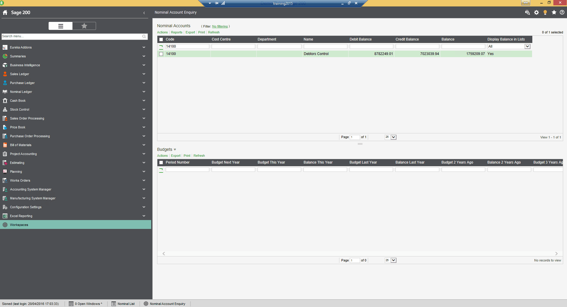 Sage 200 Reconciliation - Nominal Ledger Account Enquiry Workspace