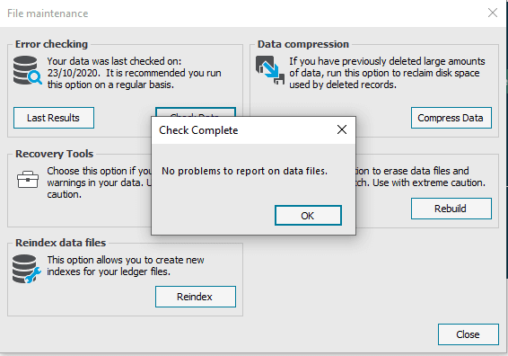 Is your Sage 50 data becoming a monster - file maintenance - check complete sage 50 screen