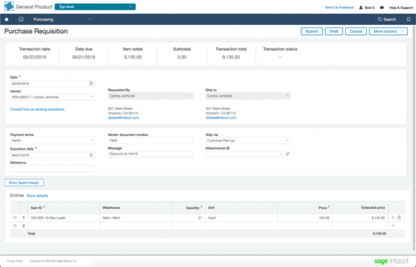 Sage Intacct Core Financials Purchasing Purchase Requisition