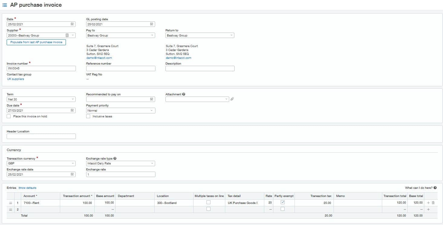 Sage Intacct 2021 R1 Update - Tax automatic partial exemption in AP
