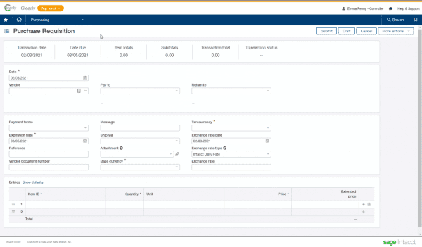 Sage Intacct purchase requisition