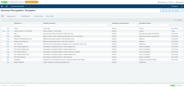 sage intacct - revenue recognition - create revenue recognition templates with settings