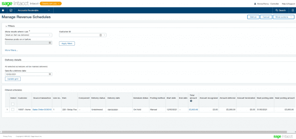 sage intacct revenue recognition - mark an item as delivered
