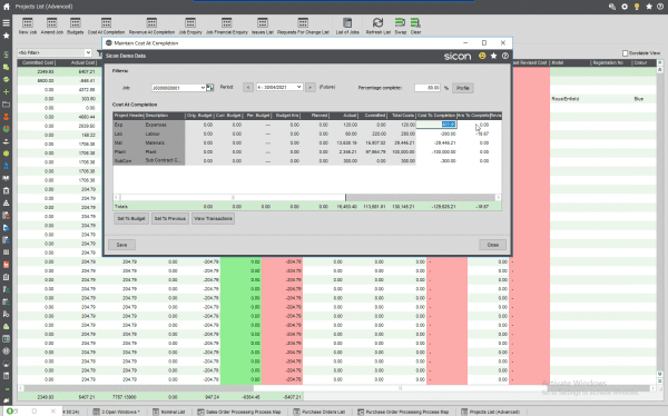 Sage 200 cost to complete dashboard