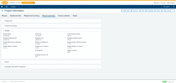 sage intacct - analyse budget and committed values against a project