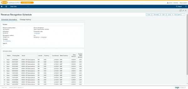 sage intacct - change revenue recognition schedules