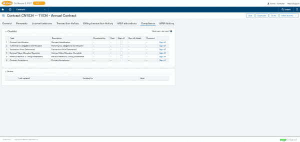 sage intacct - contract revenue recognition compliance screen