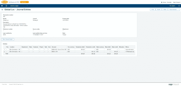 Sage Intacct general ledger - automatically generate intercompany nominal postings