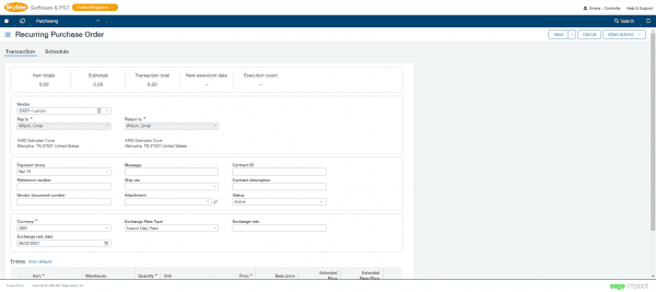 Sage Intacct purchasing - set up recurring purchase transactions