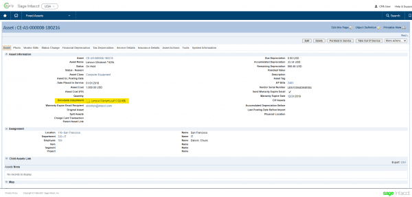 Sage Intacct Fixed Assets - warranty