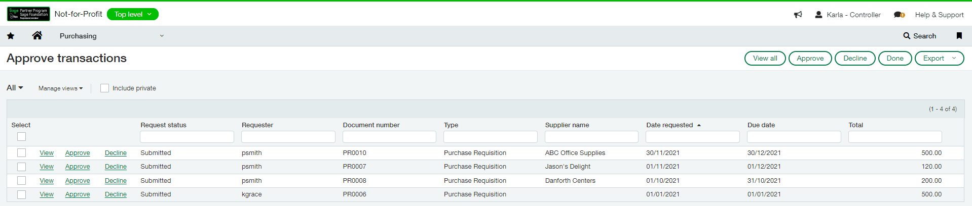Approve Purchases Screen in Sage Intacct
