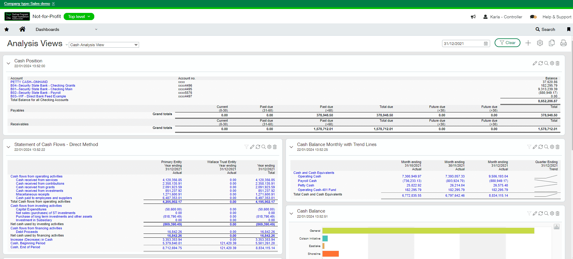 Cash Analysis Dashboard in Sage Intacct