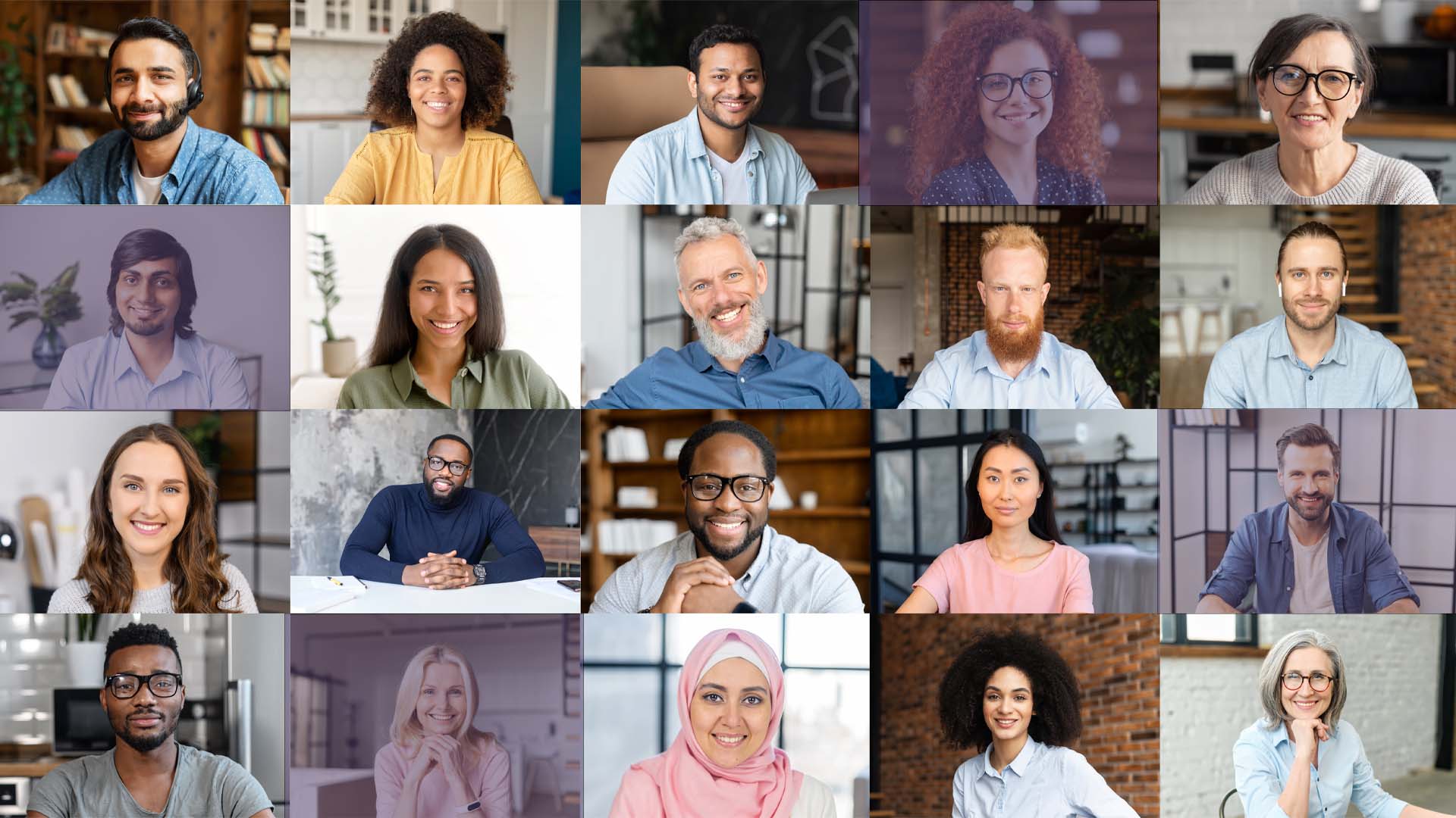 Collage of diverse business professionals smiling on video calls, representing collaboration, knowledge sharing, and networking at an itas Sage Intacct webinar.