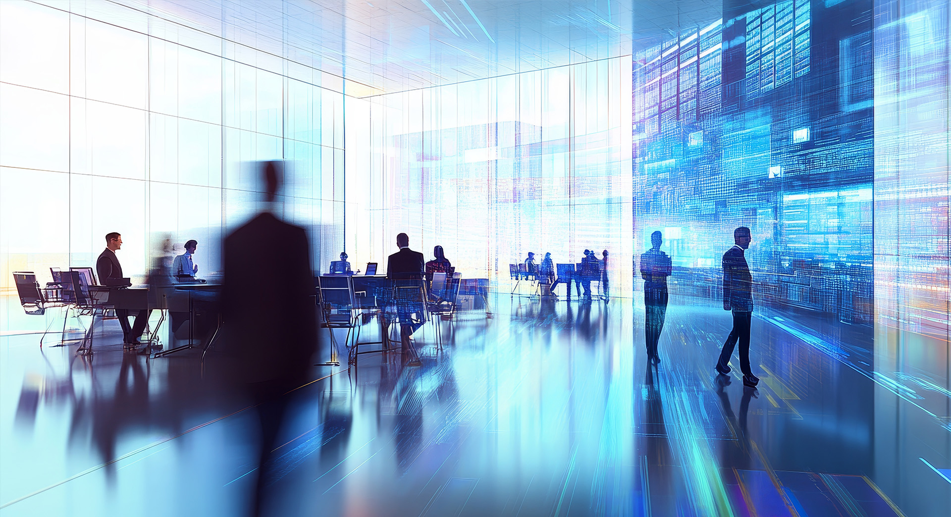 Modern digital office with business professionals collaborating in a futuristic glass workspace, symbolising technology, data integration, and connected finance solutions.